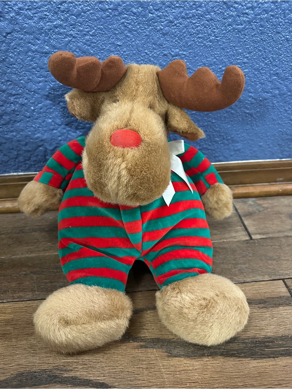 Vintage Soft Dreams Rare Christmas Reindeer Plush Red Green Stripe Pajamas